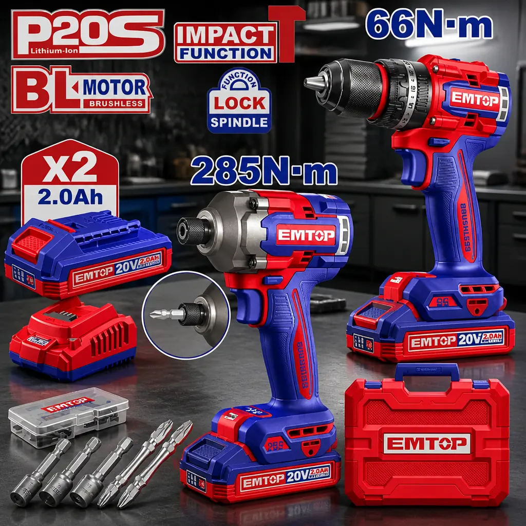 Kit Taladro Perc. + Atornillador de impac. BL 2x Bat 20V 2Ah. + Acc. (M) Emtop
