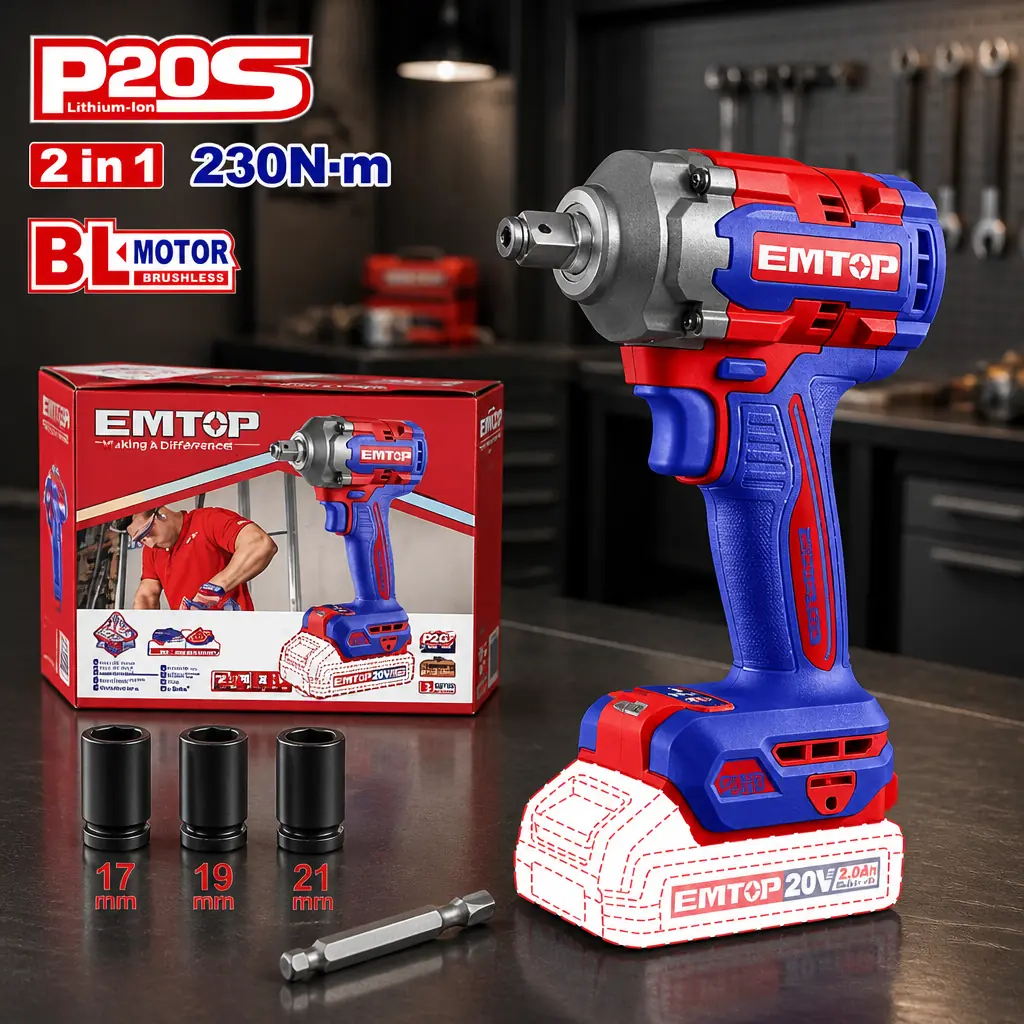 Atornillador 1/4" + Llave de Imp. 1/2" BL 230Nm 20V + Acc. Sin baterias EMTOP