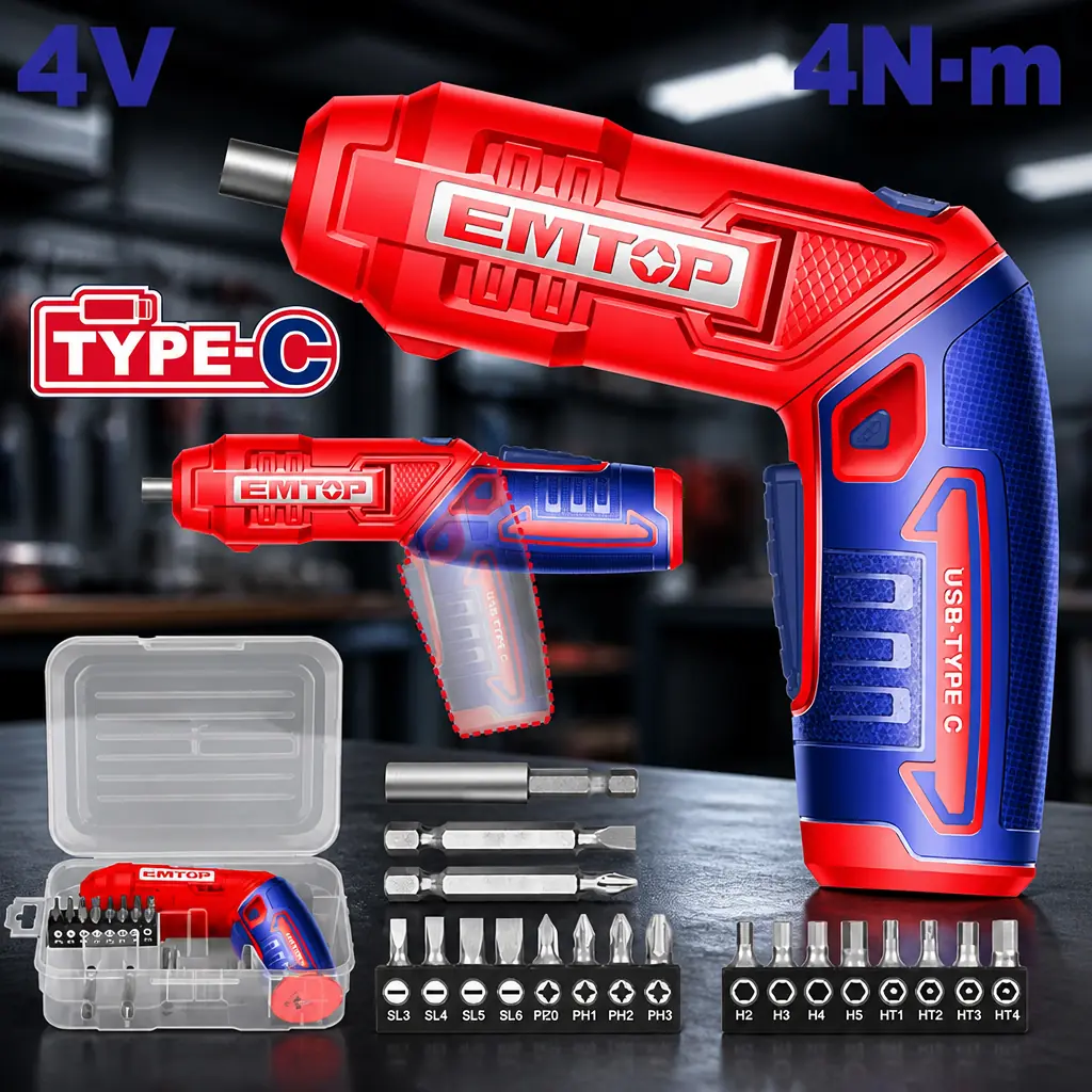 Mini Atornillador 1/4" 4V 4Nm. + 19 Acc. con estuche. Emtop