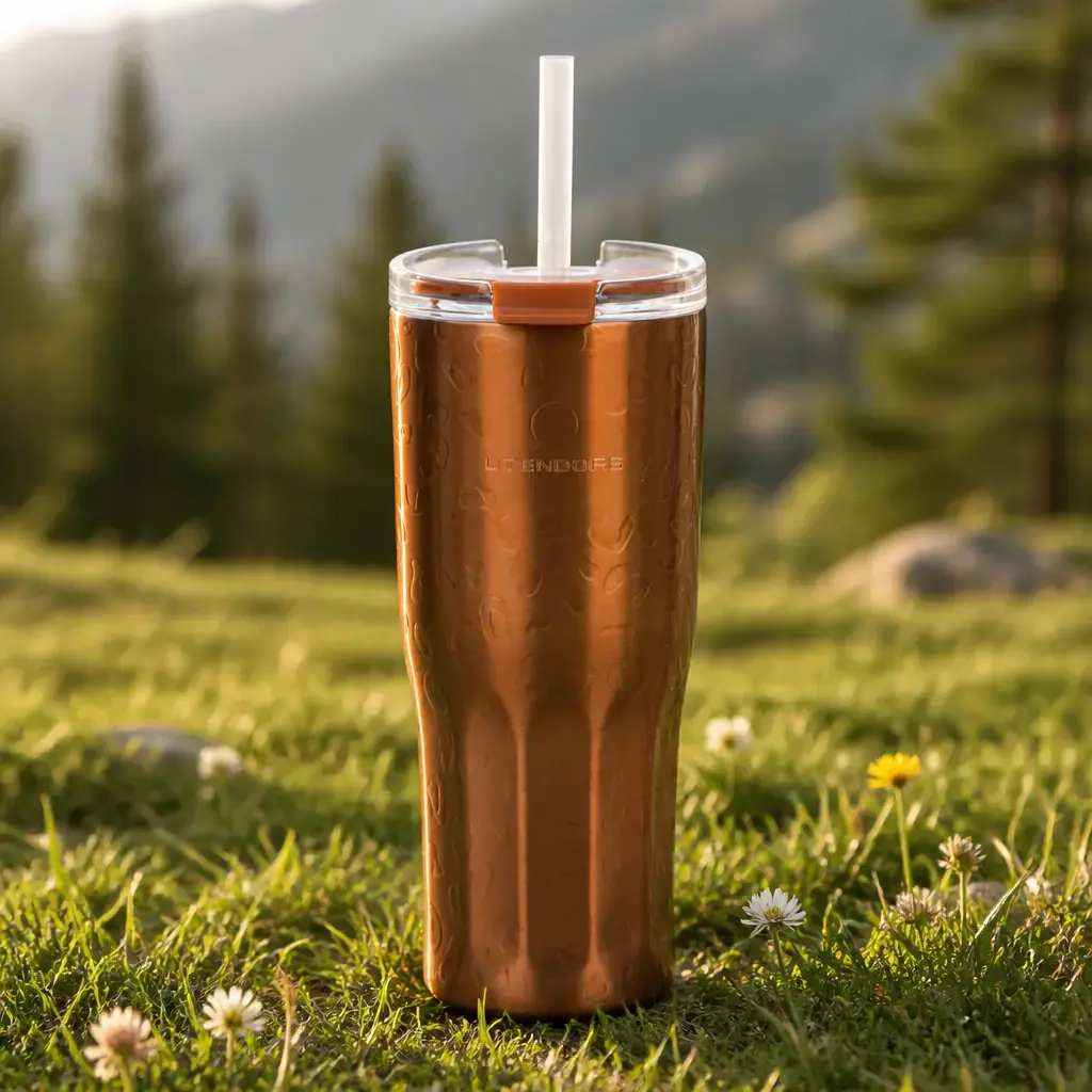 Vaso Antiderrame 600ml. Con pajita Leopardo Dorado. Utendors