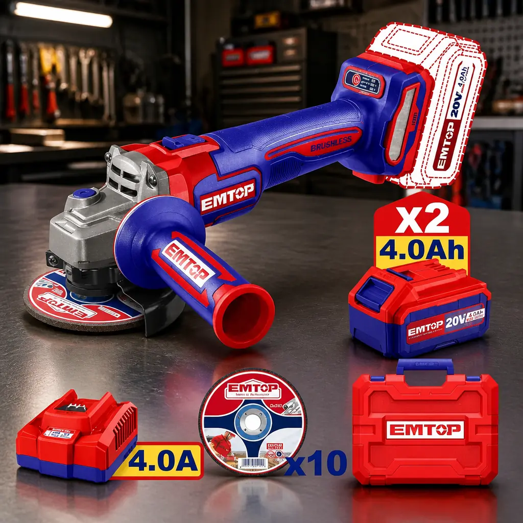 Desc - Amoladora 115mm BL 1000W + Acc. 2x Bateria 20V 4Ah. (M) Emtop*