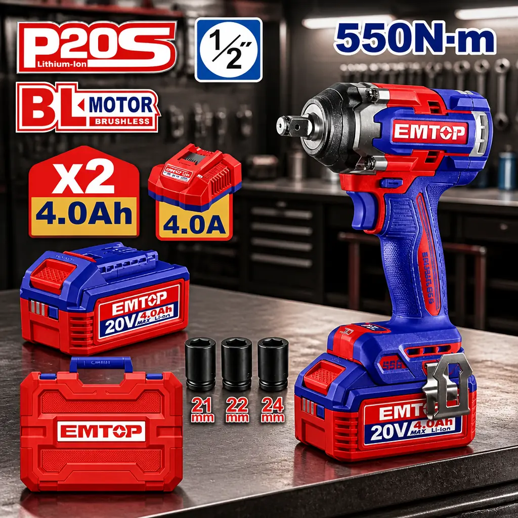 Llave de Impacto 1/2" BL 550Nm AI 2x Bat 20V 4Ah + Acc. (M) Emtop