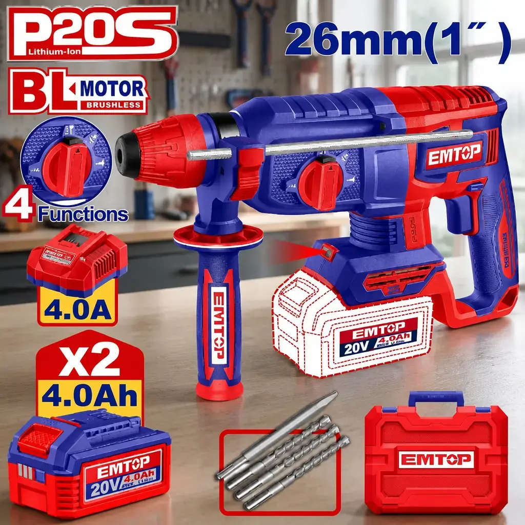 Rotomartillo SDSp 2.5J. 26mm BL + Acc. 2x Bat 20V 4Ah. (M) Emtop