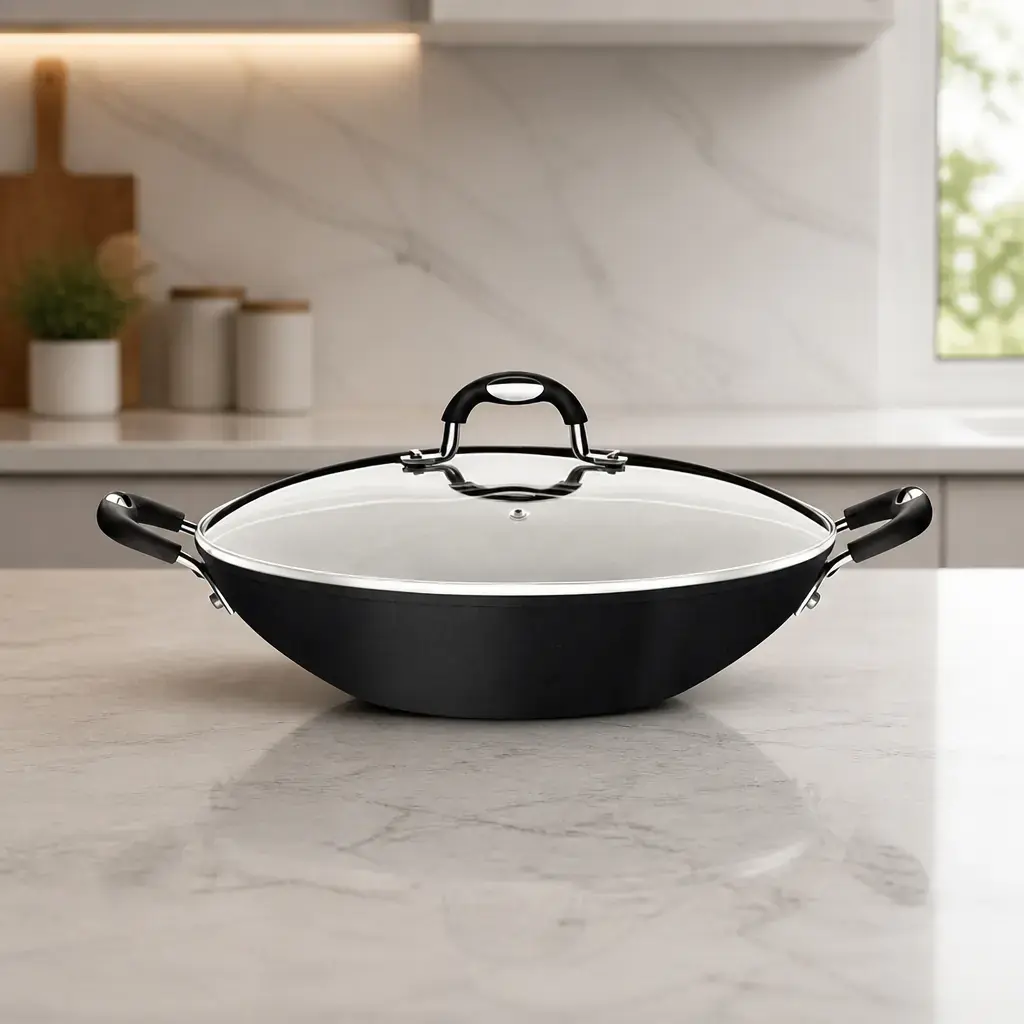 Olla wok con tapa para induccion 4.5Lt. 32cm. Monaco Negra