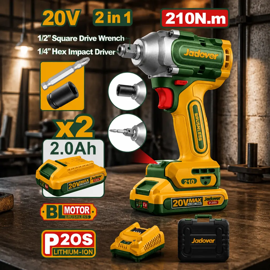 Atornillador 1/4" + llave de Imp. 1/2" 210Nm BL. 2x Bat 20V 2Ah (M) Jadever
