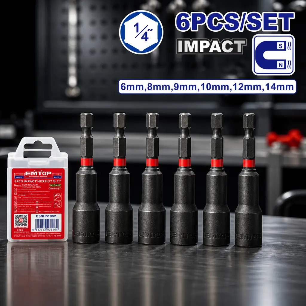 Juego de adaptadores magneticos 1/4" Hex 6pzs. (6-14mm) Emtop