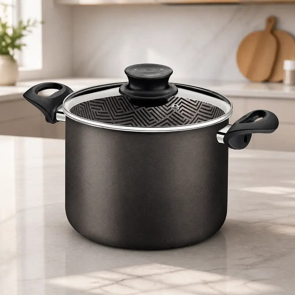 Olla alta con tapa de vidrio 11.8Lt. 28cm Paris T. Negra x Un.