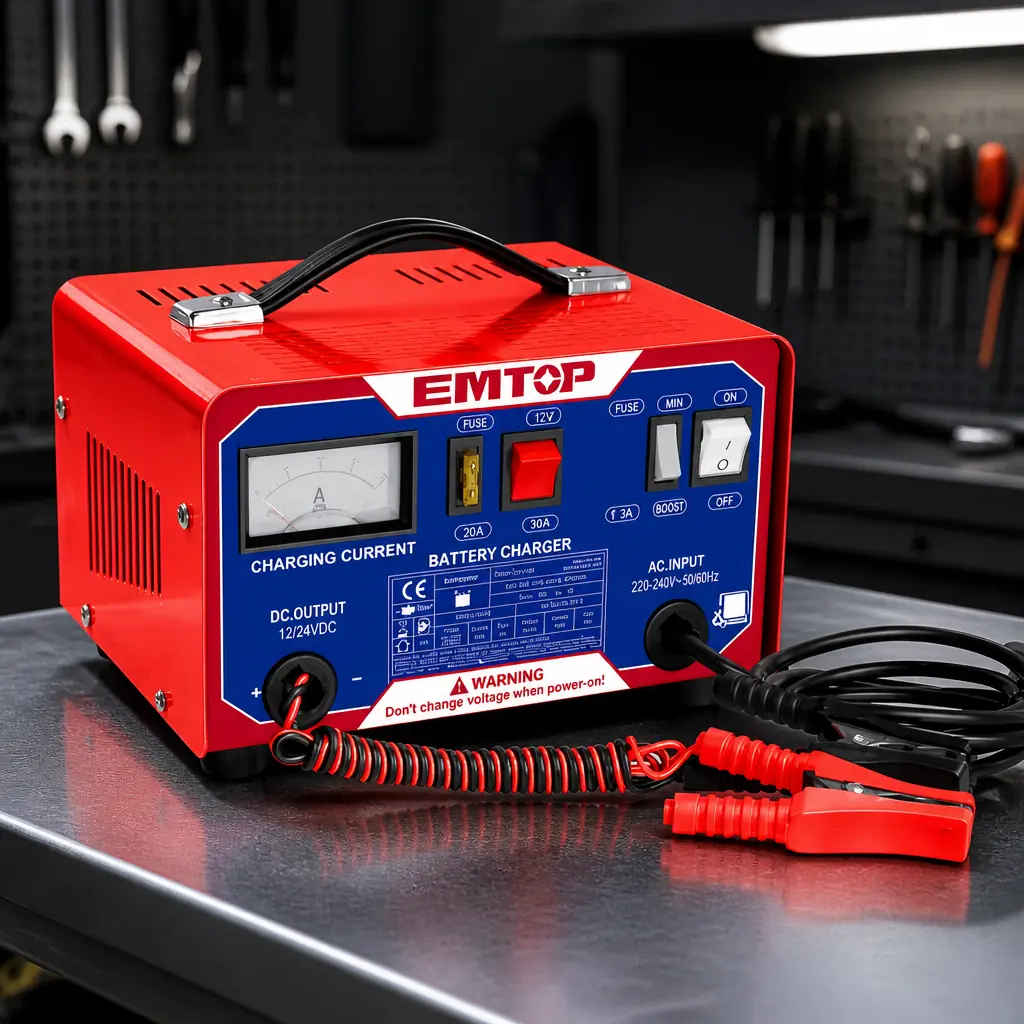 Cargador de baterias para auto 220V. 12/24V Max. 9/4Ah. Emtop
