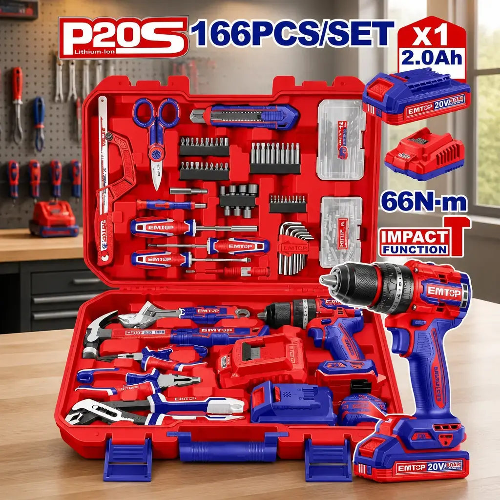 Juego de 166 pzas + Taladro Percutor 66Nm 20V. (M) Emtop