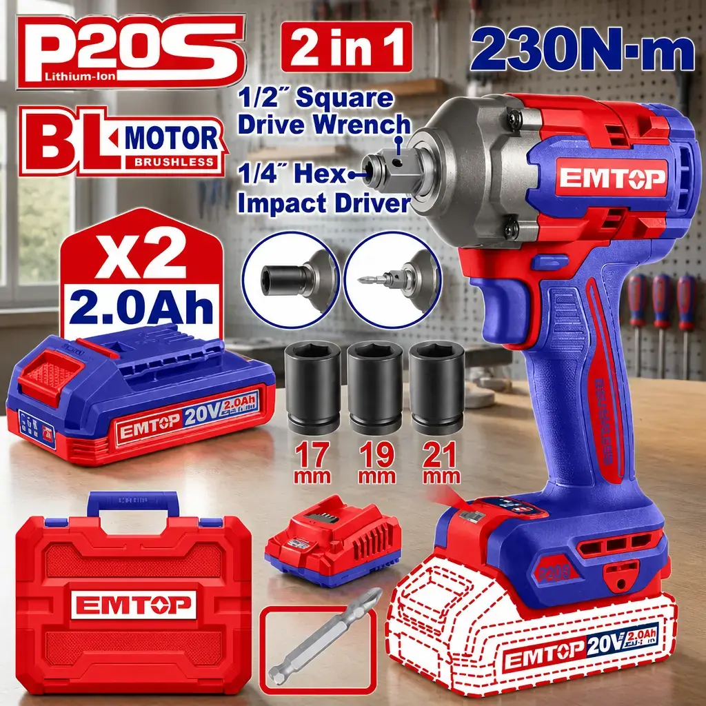 Atornillador 1/4" + Llave de Imp. 1/2" BL 230Nm 2x Bat 20V 2Ah + Acc. (M) EMTOP
