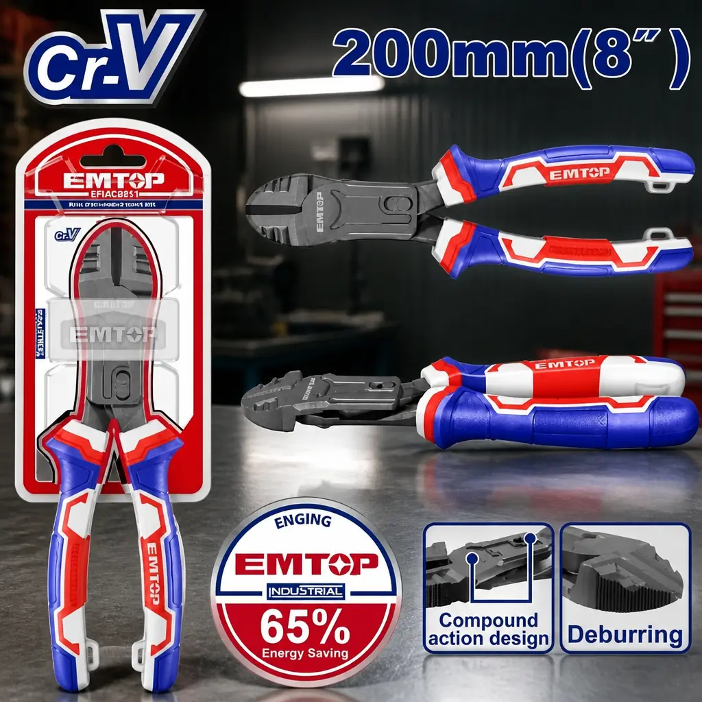 Pinza corte diagonal 8" doble engranaje. CrV. Emtop