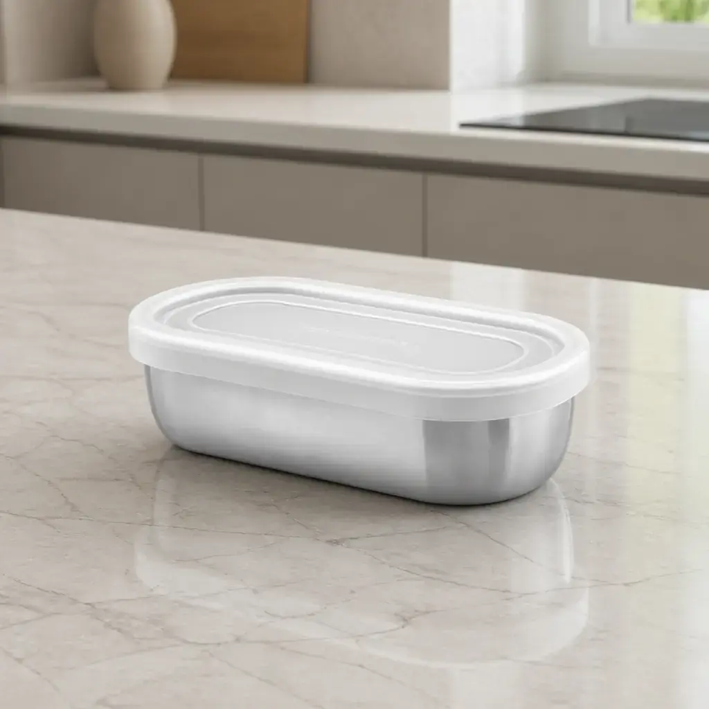 Desc - Pote ovalado inox. con tapa plastica 16x8cm 0.40Lt. Freezinox