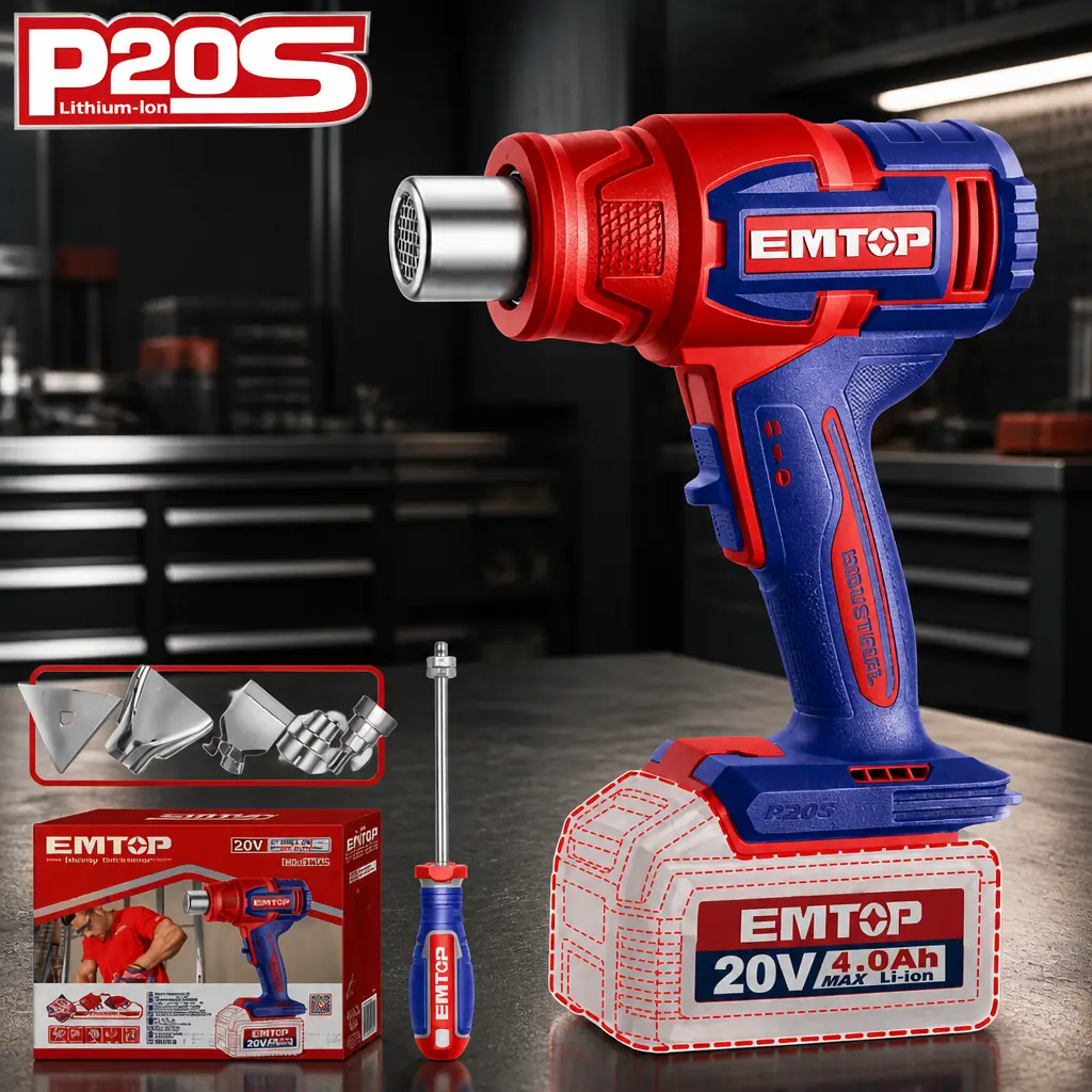 Pistola de Calor 2 Vel. 20V. + 6x Acc. Sin Bateria. Emtop