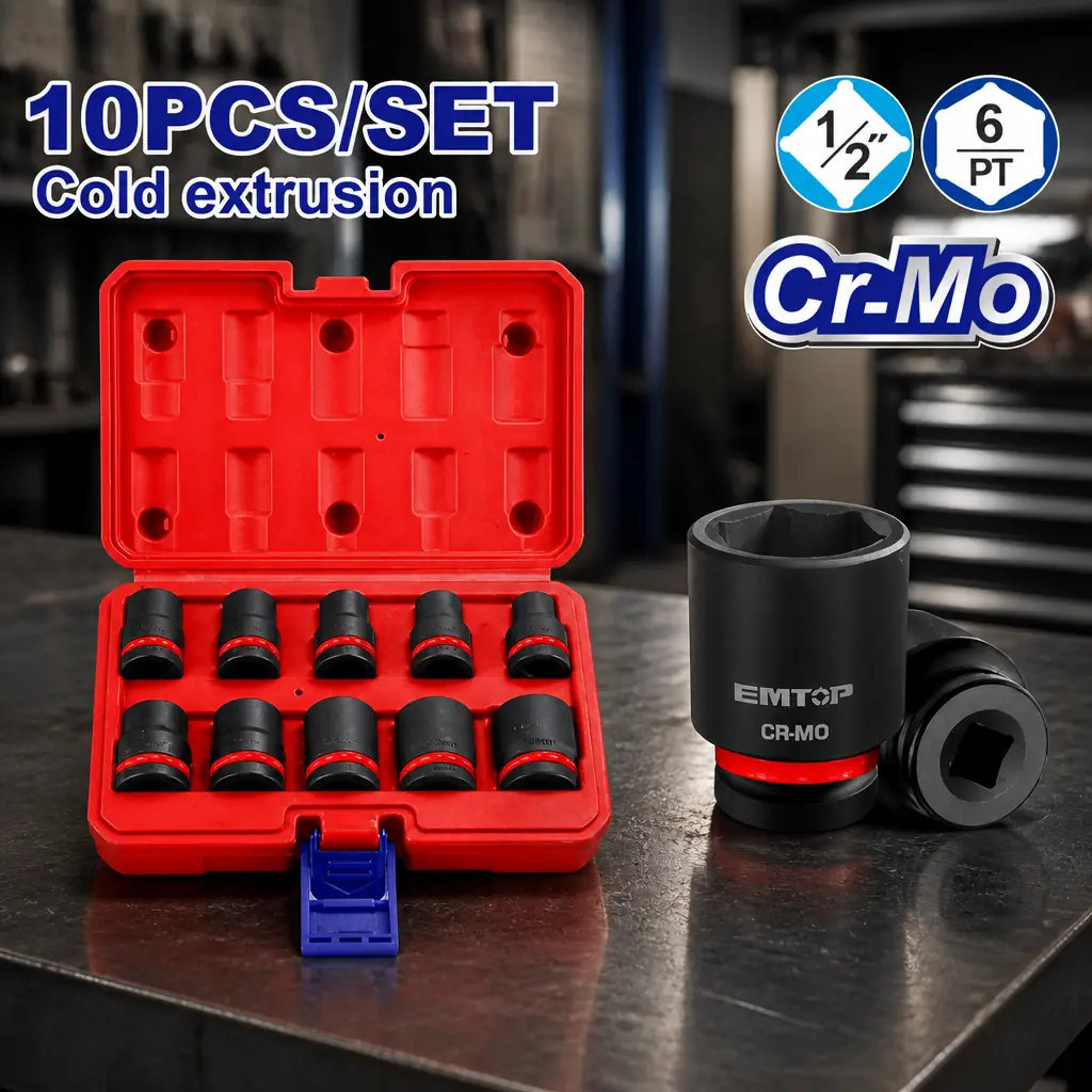 Juego de Dados de impacto 1/2" (10-24mm) 10pzas. Cr-Mo. (M) Emtop*