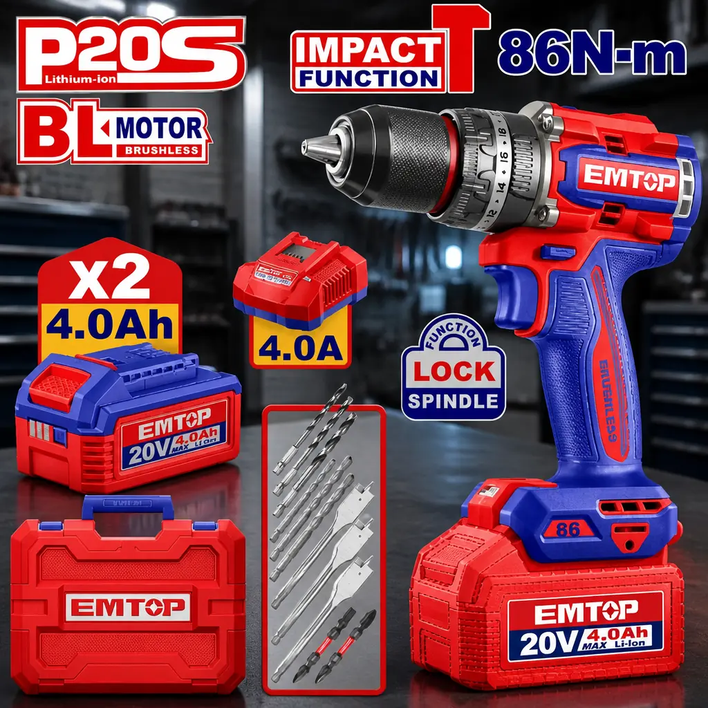 Taladro Percutor 13mm BL. 86Nm 2x Bat. 20V 4Ah (M) Emtop*