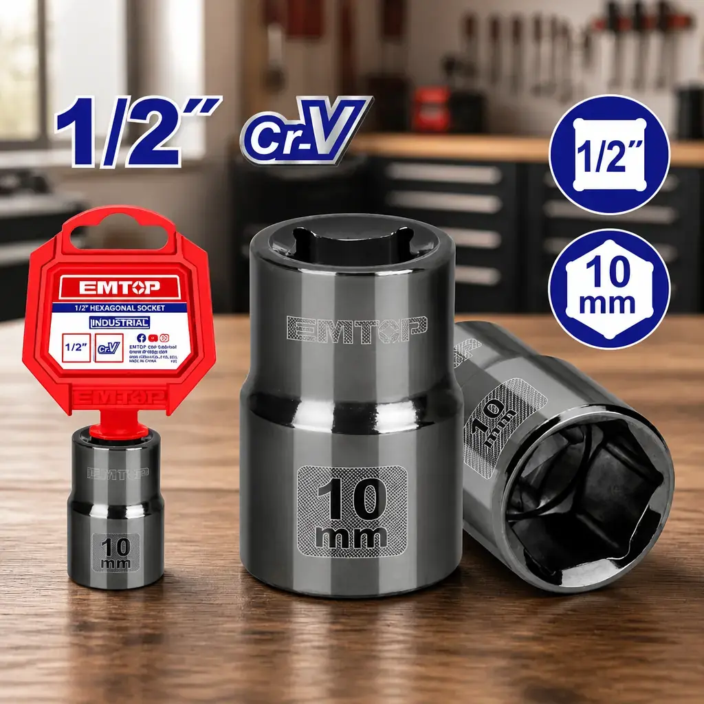 Dado 1/2' hexagonal 10mm Cr-V Emtop x Un.