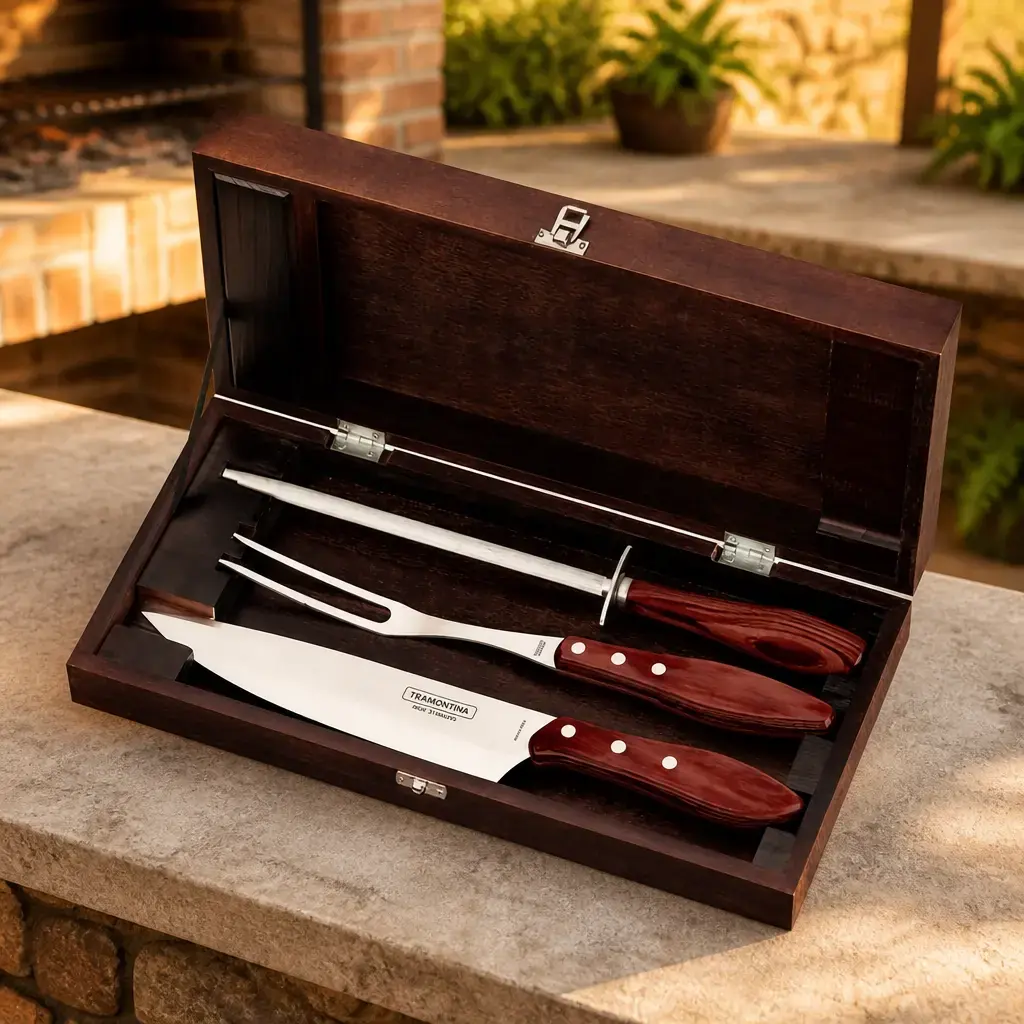 Juego p/ asado 4 pzas. Churrasco Cerezo Caja Madera