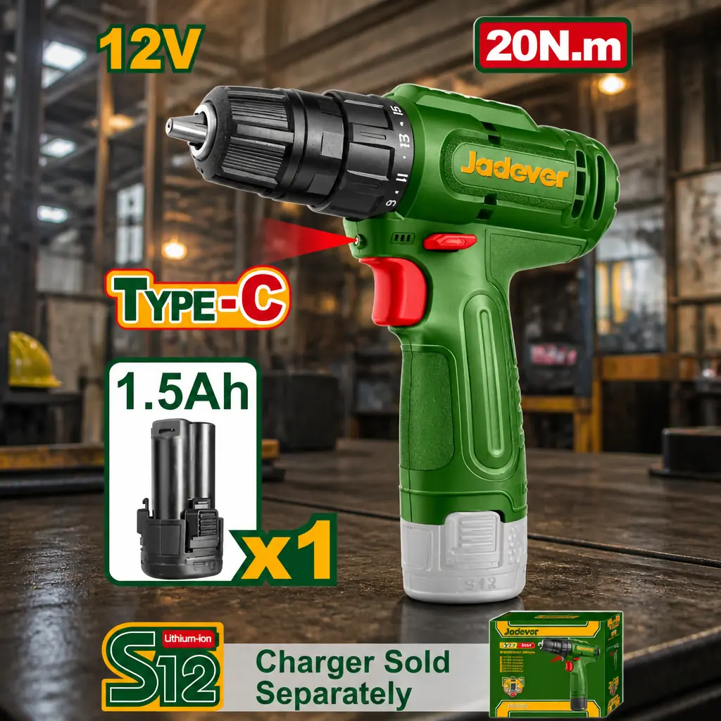 Taladro Atornillador 10mm 20Nm. 1x Bat 12v 1.5Ah Jadever