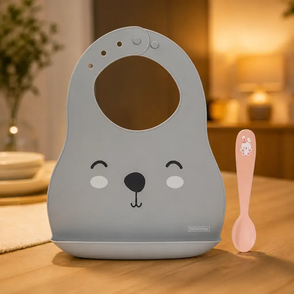 Juego de cuchara rosada + babero Le Petit. Blister.