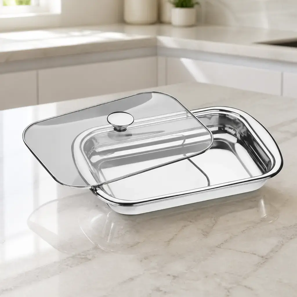 Fuente rect. acero inox. con tapa de vidrio 34cm Cosmos Caja *