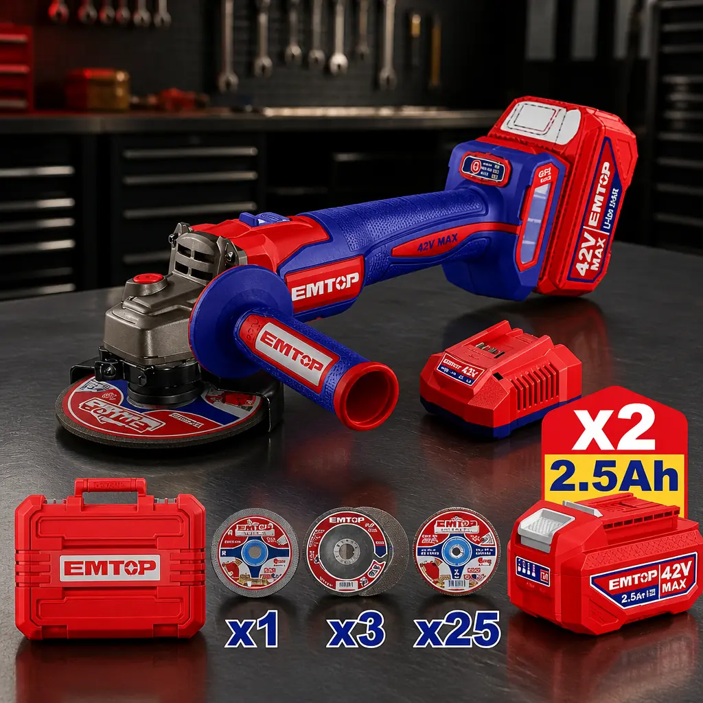 Amoladora 115mm BL 1280W + Acc. 2x Bateria 42V 2.5Ah. (M) EMTOP