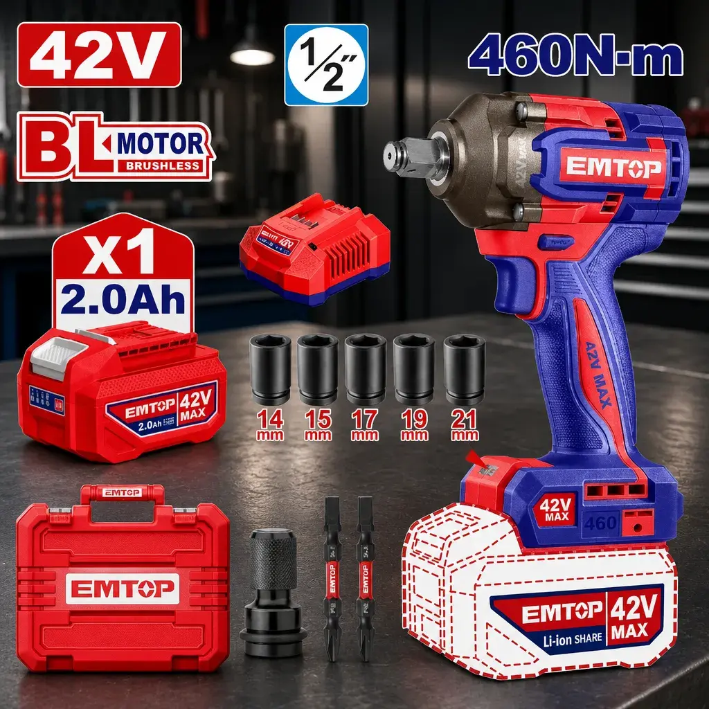 Llave de Impacto 1/2" BL 460Nm AI 1x Bat 42V 2Ah + Acc. (M) Emtop