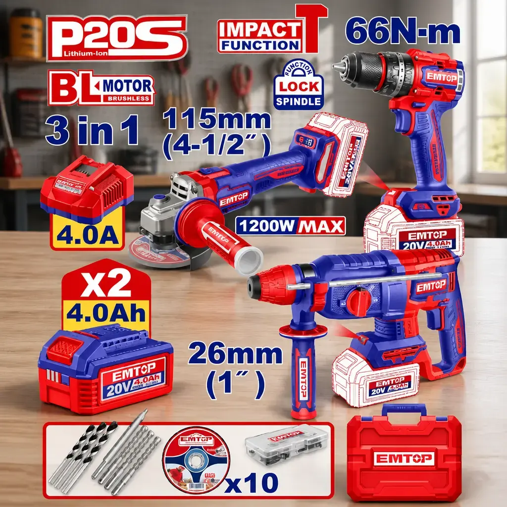 Kit Taladro P. + Amoladora + Rotomartillo BL. 2x Bat 4Ah + Acc. (M) Emtop
