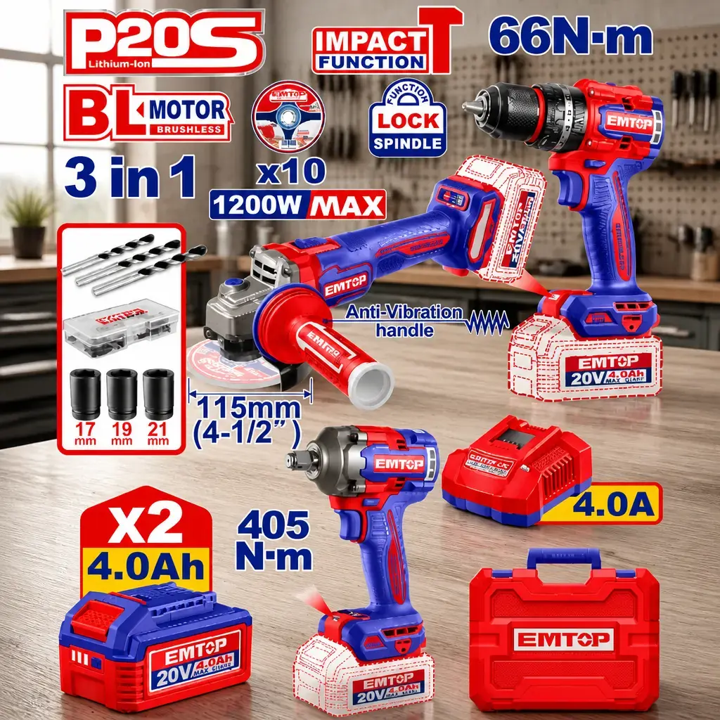 Kit Taladro P. + Amoladora + Llave. BL 2x Bat 4Ah + Acc. (M) Emtop