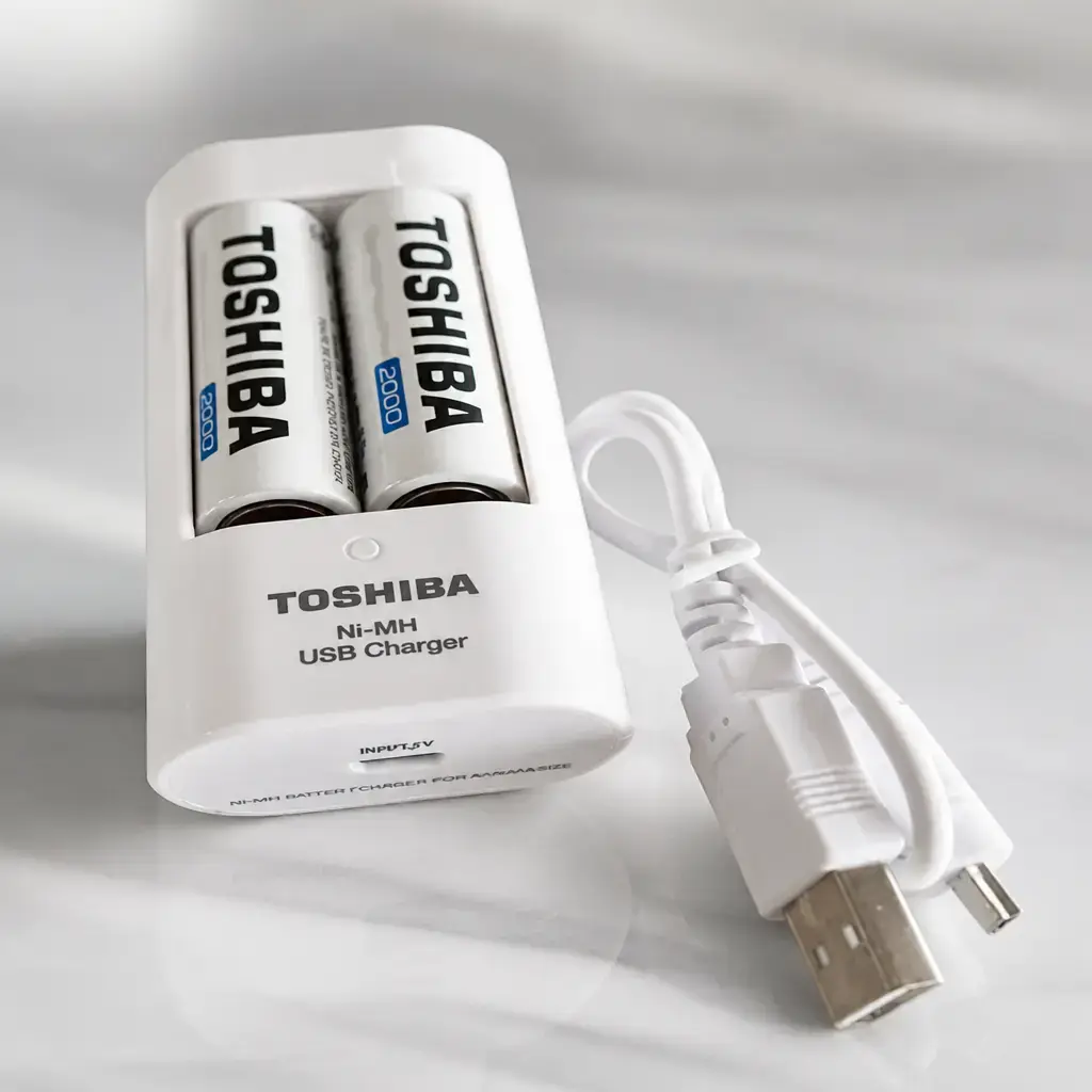 Pila recargable AA Ni-MH 2000mAh 1.2V + cargador USB Toshiba Blister x2