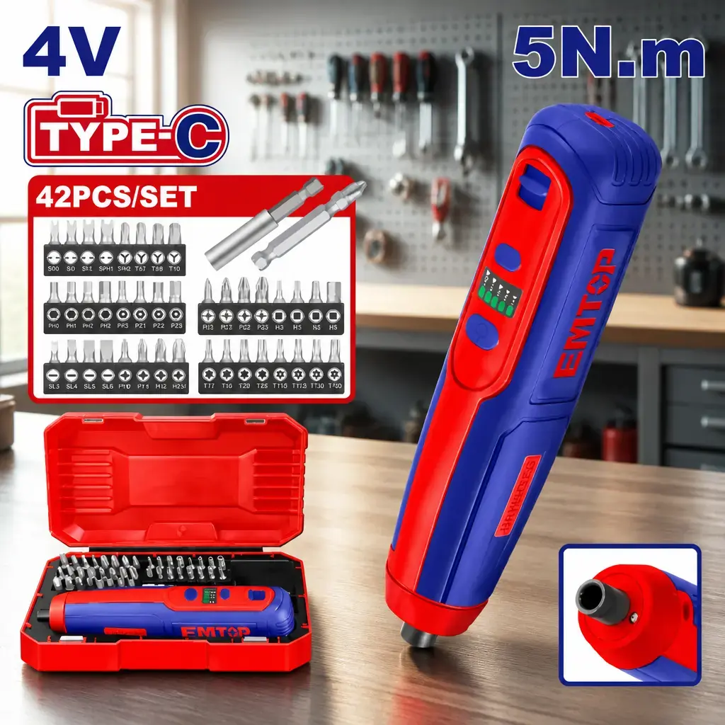 Mini Atornillador 1/4" 4V 5Nm. + 42 Acc. con estuche. Emtop