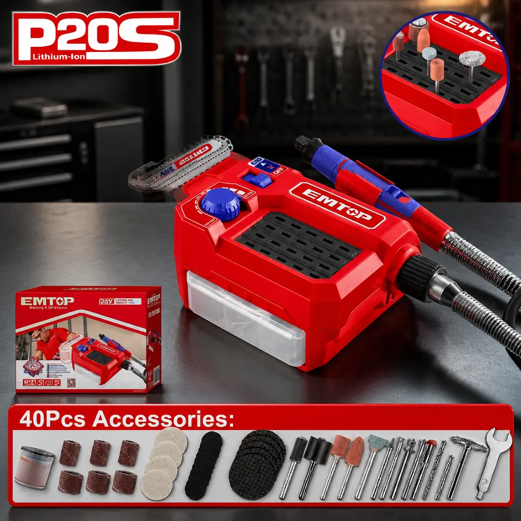 Mini torno Inalambrico 20V sin Bat. Vel. Variable + 40 piezas. Emtop