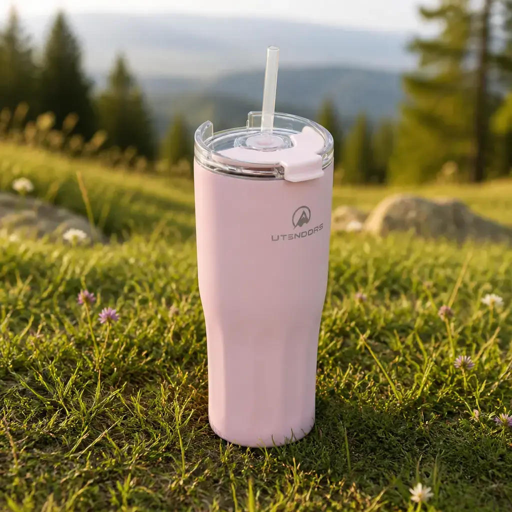 Vaso Antiderrame 600ml. Con pajita PE Rosado. Utendors