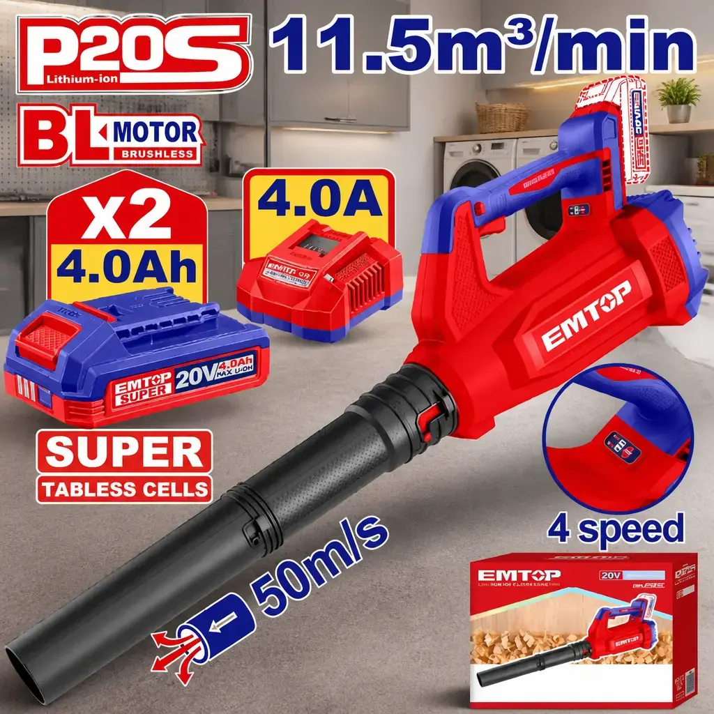 Soplador Industrial BL + 2x Bateria 20V 4Ah. (STC) Emtop